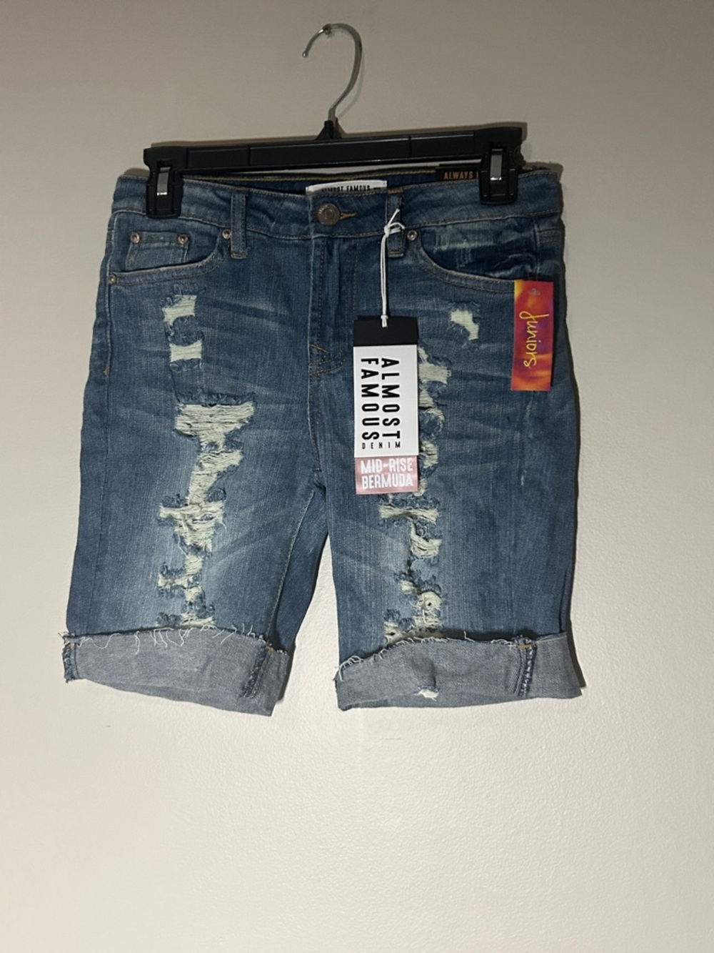 Almost Famous Light Blue Distressed Ripped Bermuda Denim Jean Shorts